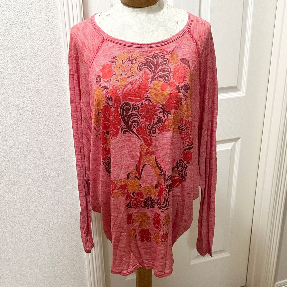 Go Couture Women's Red Floral Sugar Skull L/S Raglan Lagenlook Tunic Top - XL